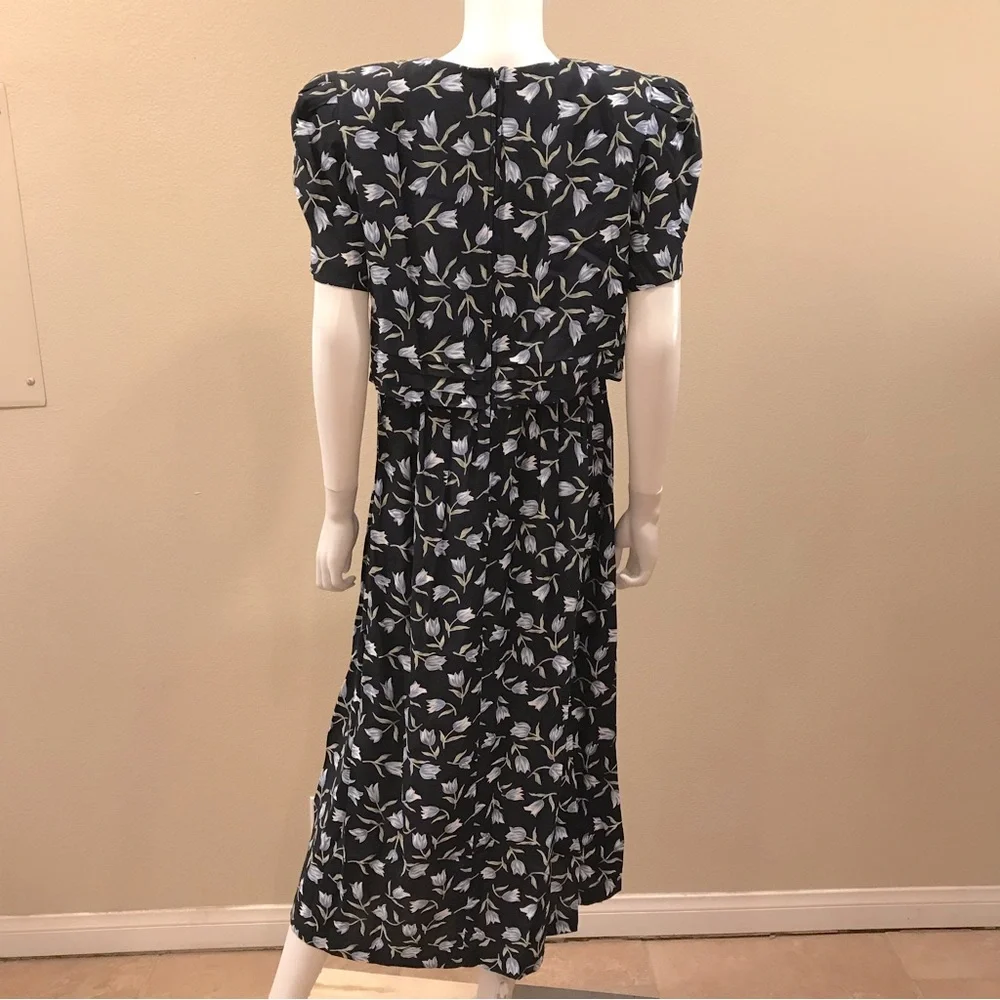 Vintage 90s Worthington Floral Dress NEW Size 14 Navy Blue Tulips Short Sleeve - Picture 3 of 15